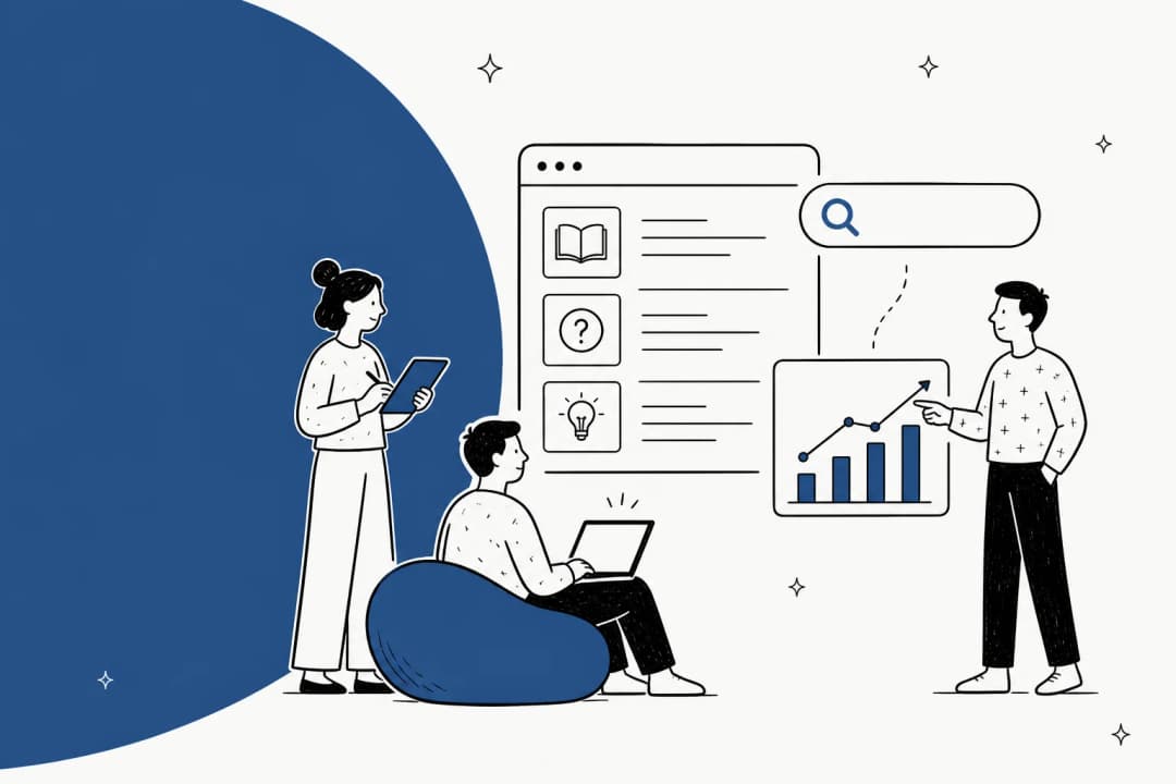 Illustration of a support team reviewing help center articles and search analytics