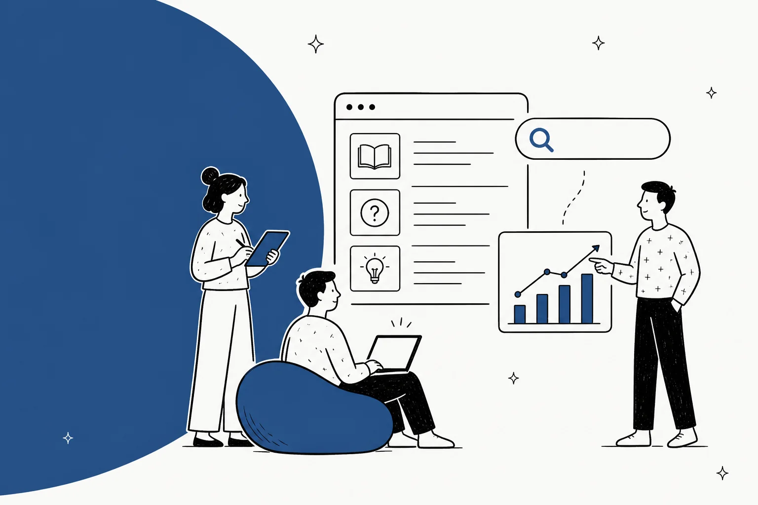 Illustration of a support team reviewing help center articles and search analytics
