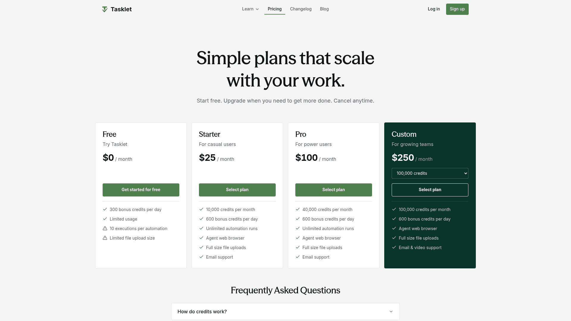 Tasklet pricing page showing Free, Starter at $25, Pro at $100 and Custom at $250 per month with monthly credit allocations, as taken from Tasklet