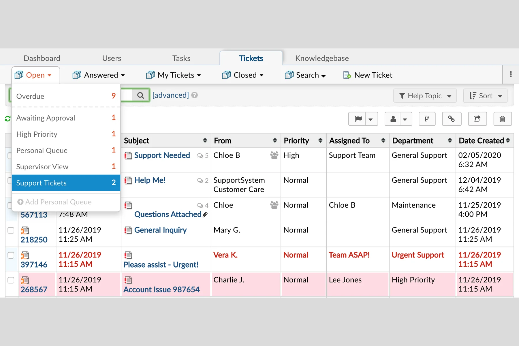 osTicket agent ticket queue with the Open dropdown expanded showing Overdue 9 and High Priority 1, and a ticket table with subject, from, priority, assigned-to and department columns, as taken from osTicket