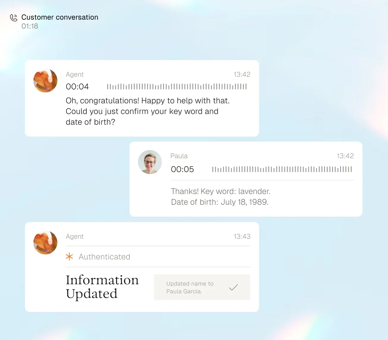 Parloa's own illustration of its AI Agent Management Platform conversation view, showing an authenticated caller having a profile updated mid-call, as taken from Parloa