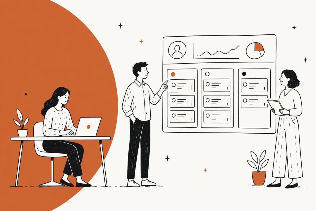 Illustration of a support team dashboard with ticket queues, in warm amber tones