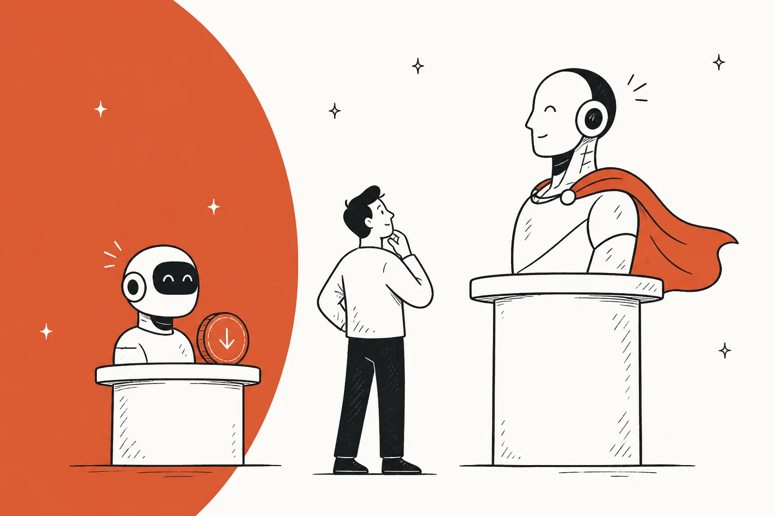 Illustration of a person weighing a small low-cost AI model against a larger caped flagship model on pedestals