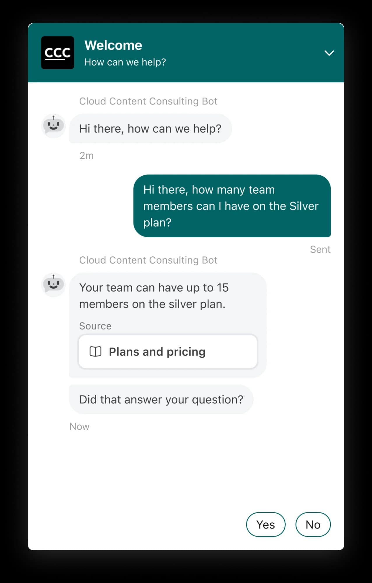A Front AI chatbot answering a plan question with a cited Plans and pricing source and a yes or no follow-up