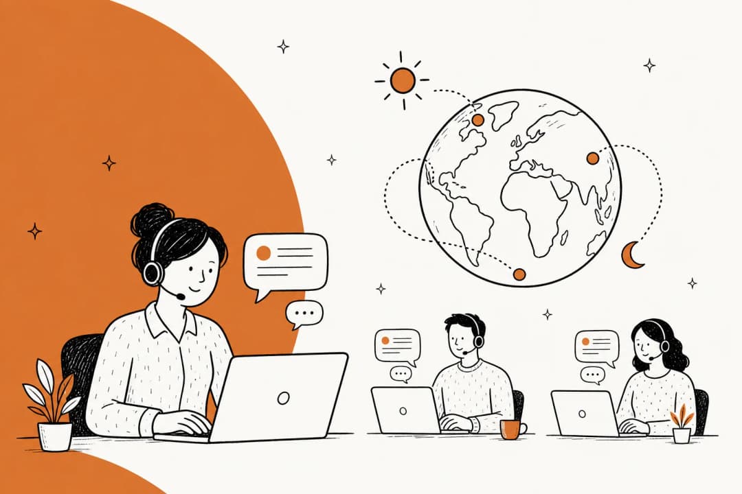 Illustration of support agents handling live chat conversations across time zones