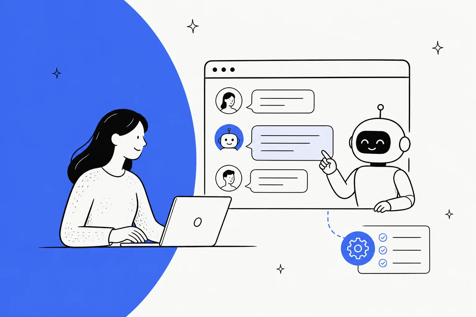 Illustration of an AI SaaS customer support automation workflow in slate blue on a warm off-white background