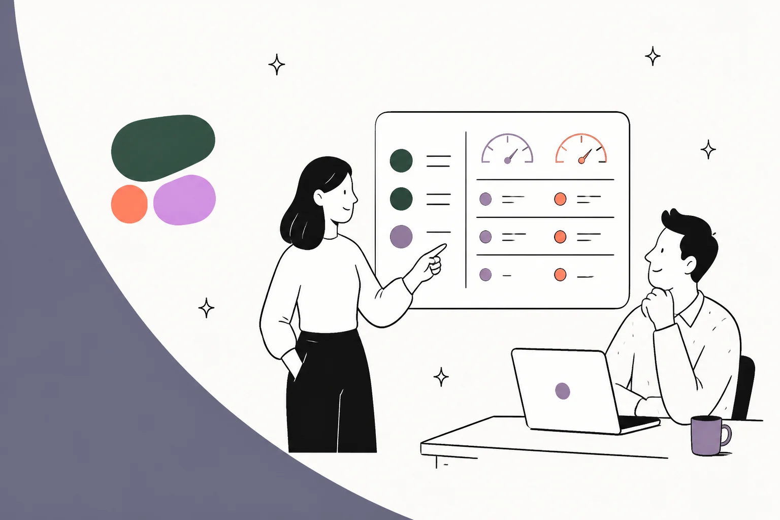 Illustration of two people reviewing a Cohere Embed 5 pricing dashboard with the Cohere logo
