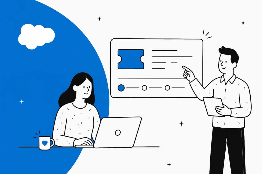 Illustration of a support agent and a manager reviewing a ticket record on a Salesforce-blue background