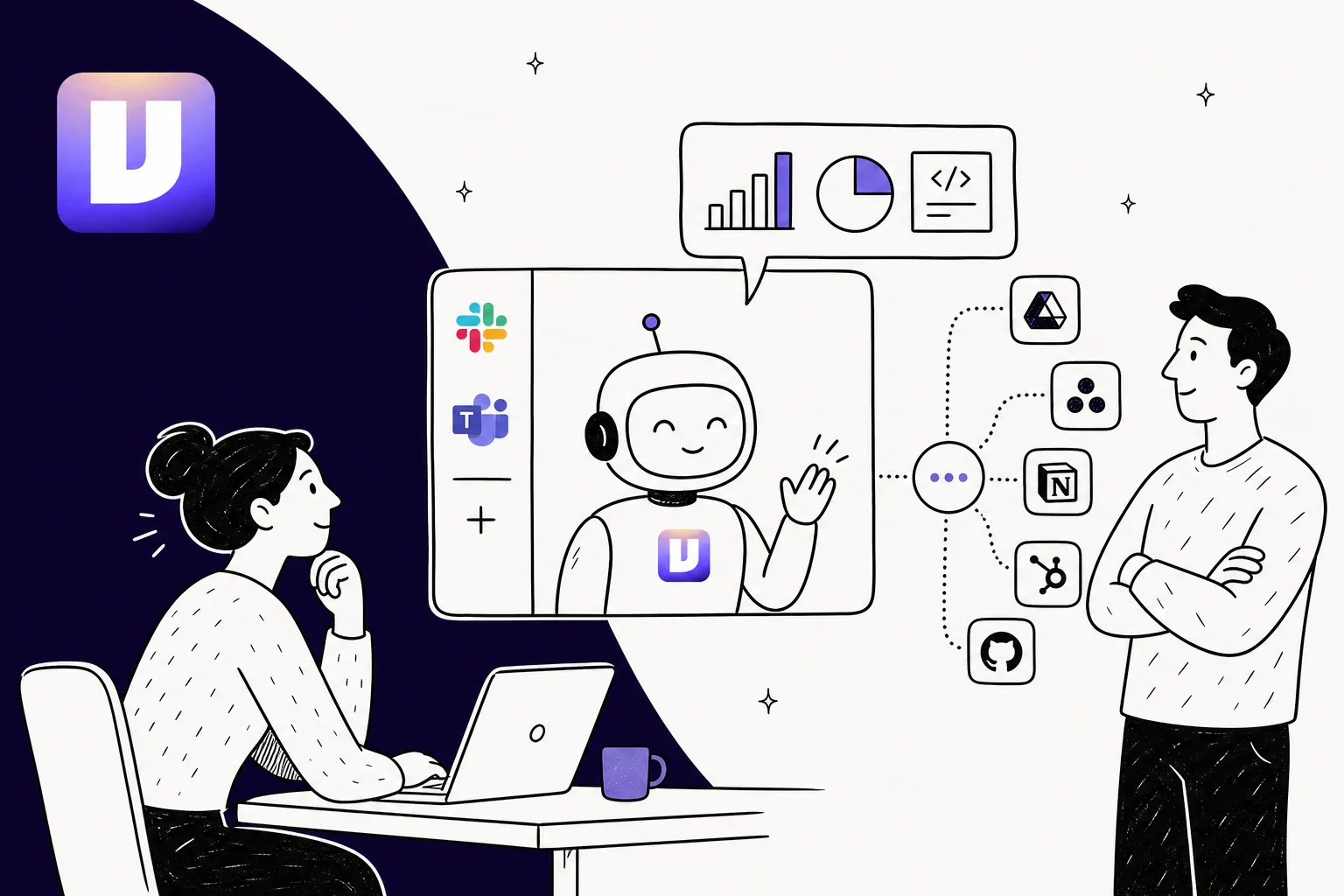 Illustration of Viktor, the AI employee that works inside Slack and Microsoft Teams