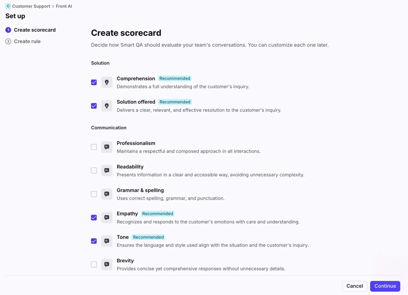 Front Smart QA Create scorecard screen with criteria such as Comprehension, Solution offered, Empathy and Tone selected, as taken from Front's help center