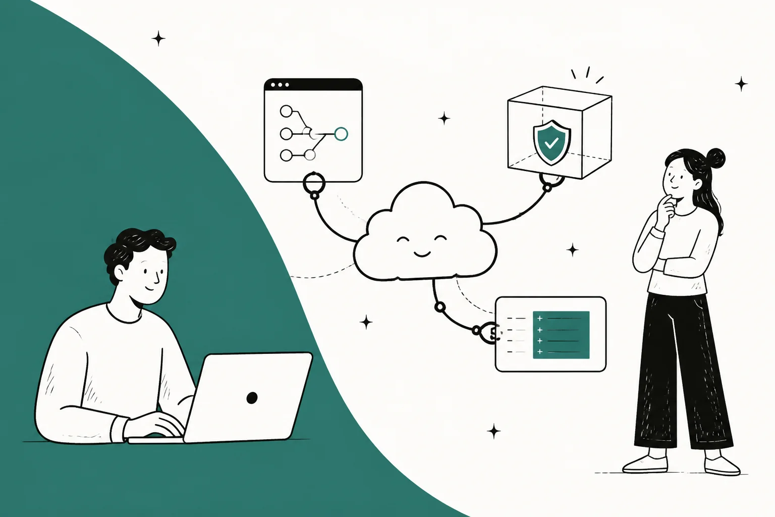 Hand-drawn illustration of a developer at a laptop connected to a smiling cloud that links a repository, a shielded sandbox box, and a findings list, with a second person looking on