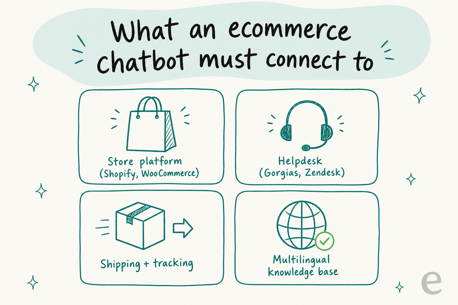 Grid of four things an ecommerce AI chatbot must connect to: store platform, helpdesk, shipping and tracking, and a multilingual knowledge base