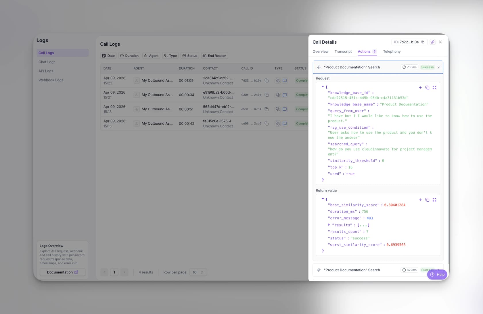 Synthflow call logs with a call details drawer open on the Actions tab, showing a knowledge base search returning 7 results in 756ms with a best similarity score of 0.80, as taken from Synthflow