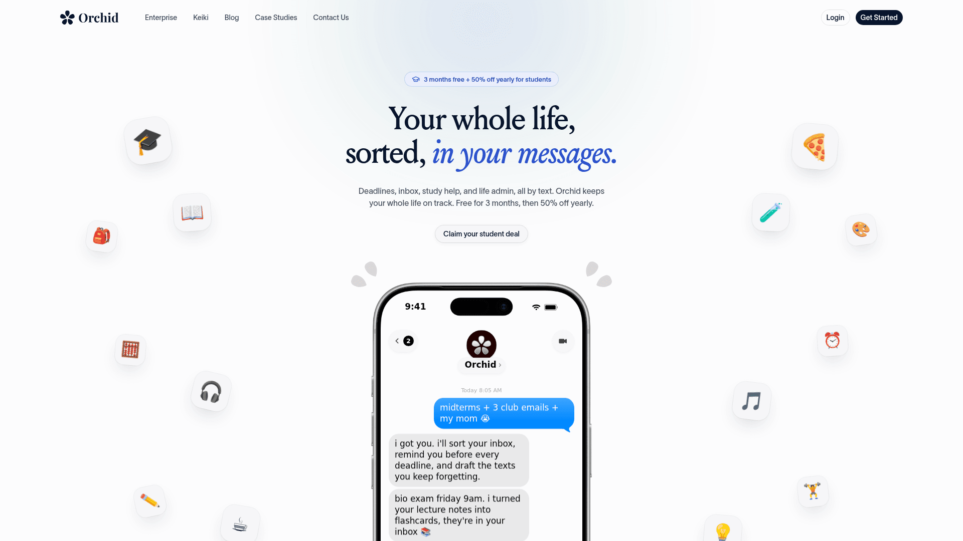 Orchid's student page headlined "Your whole life, sorted, in your messages," with a "3 months free + 50% off yearly for students" badge, a Claim your student deal button, and a phone showing Orchid sorting a student's inbox and deadlines, as captured from orchid.ai/students