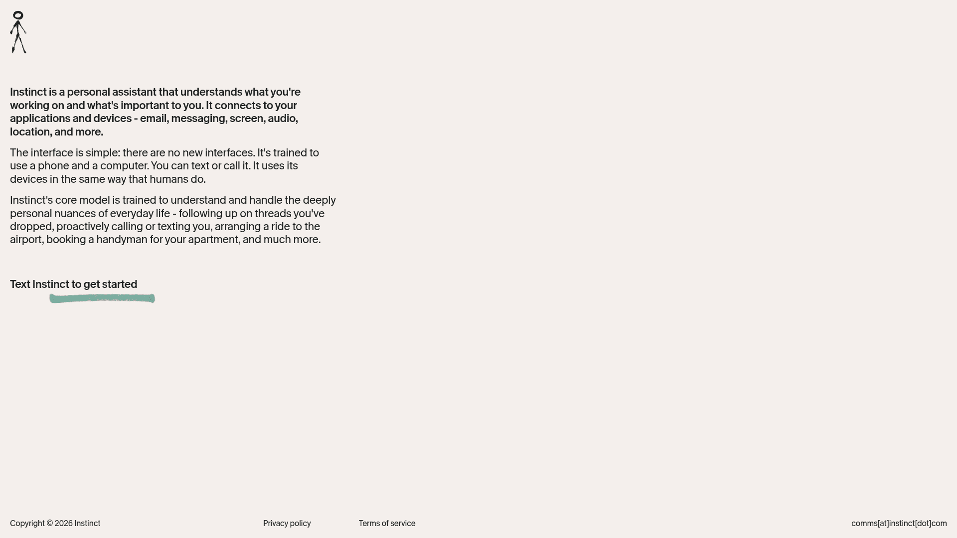 Instinct homepage describing a personal assistant that connects to email, messaging, screen, audio and location, with a Text Instinct to get started link and no mention of research, sources or citations, as captured from instinct.com