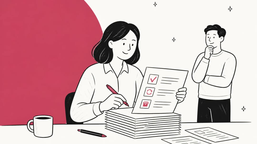 Hand-drawn illustration of a support lead marking a stack of help center articles with a red pen, using a checklist with keep, update and archive icons, while a colleague looks on