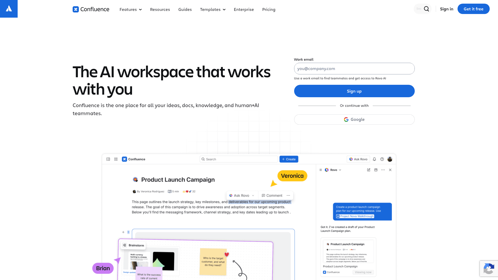 Confluence page for a product launch campaign with an Ask Rovo menu on selected text and the Rovo chat panel drafting the page, as taken from Atlassian