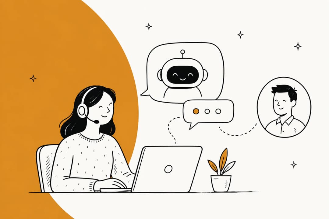 Illustration of a support agent working alongside an AI assistant handing a conversation to a customer