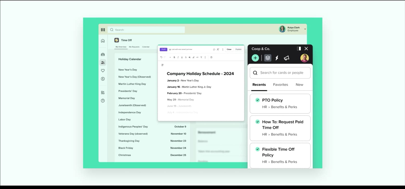 Guru's browser extension card panel searching cards and people alongside an HR app, as taken from Guru