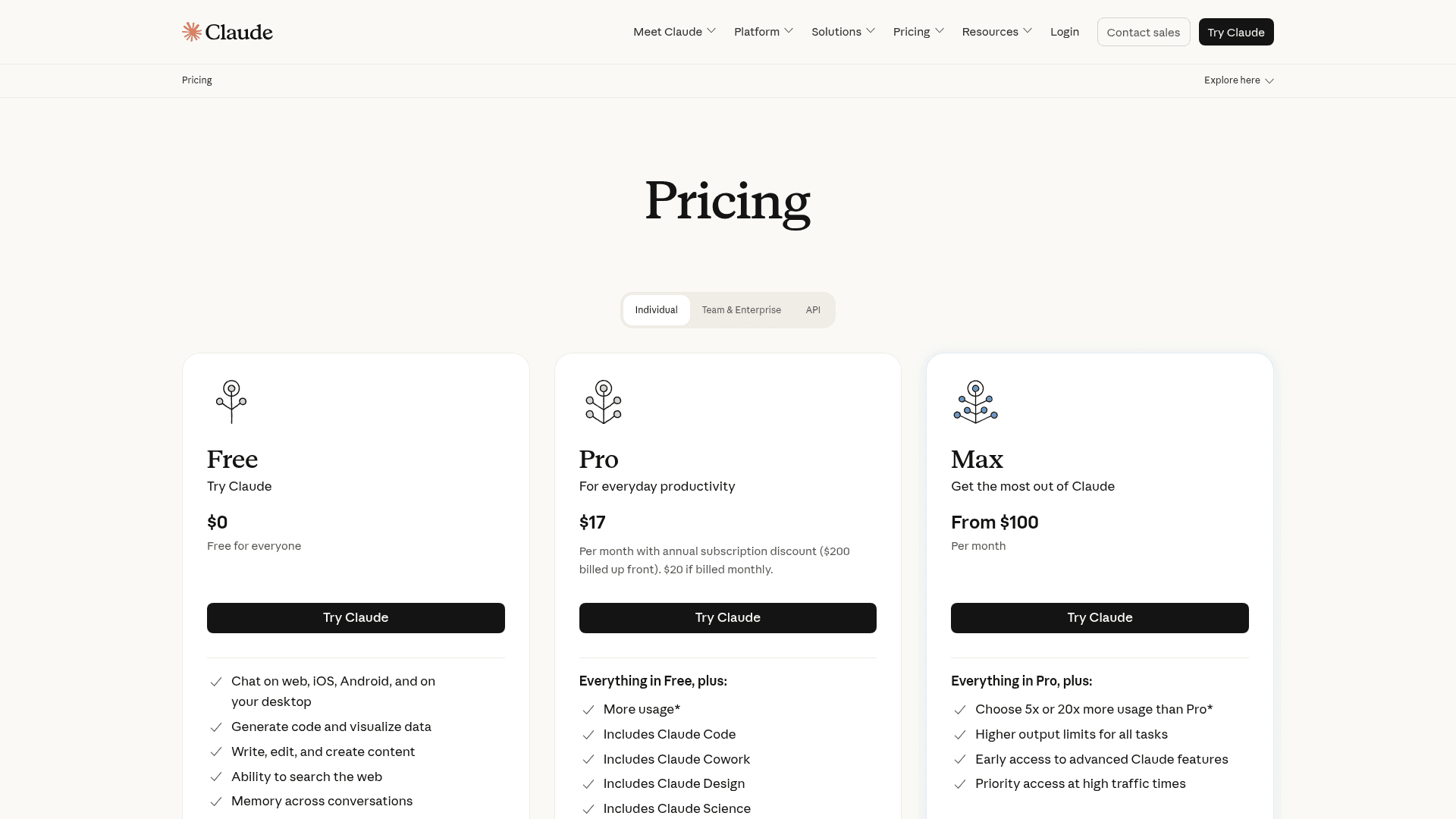 Claude's pricing page showing the Opus, Sonnet and Fable tiers, as taken from Anthropic