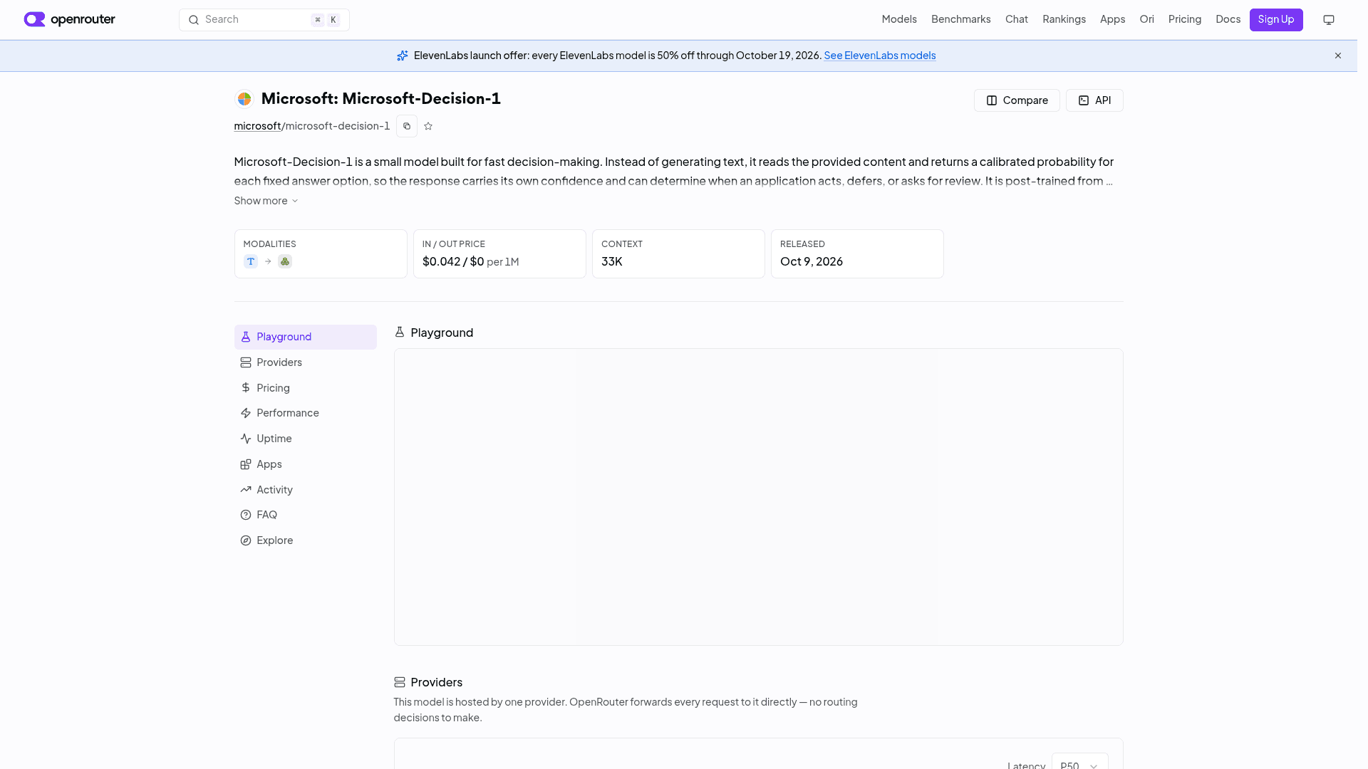 OpenRouter model page for Microsoft-Decision-1 listing $0.042 input and $0 output per 1M tokens, a 33K context and an Oct 9, 2026 release, as taken from OpenRouter