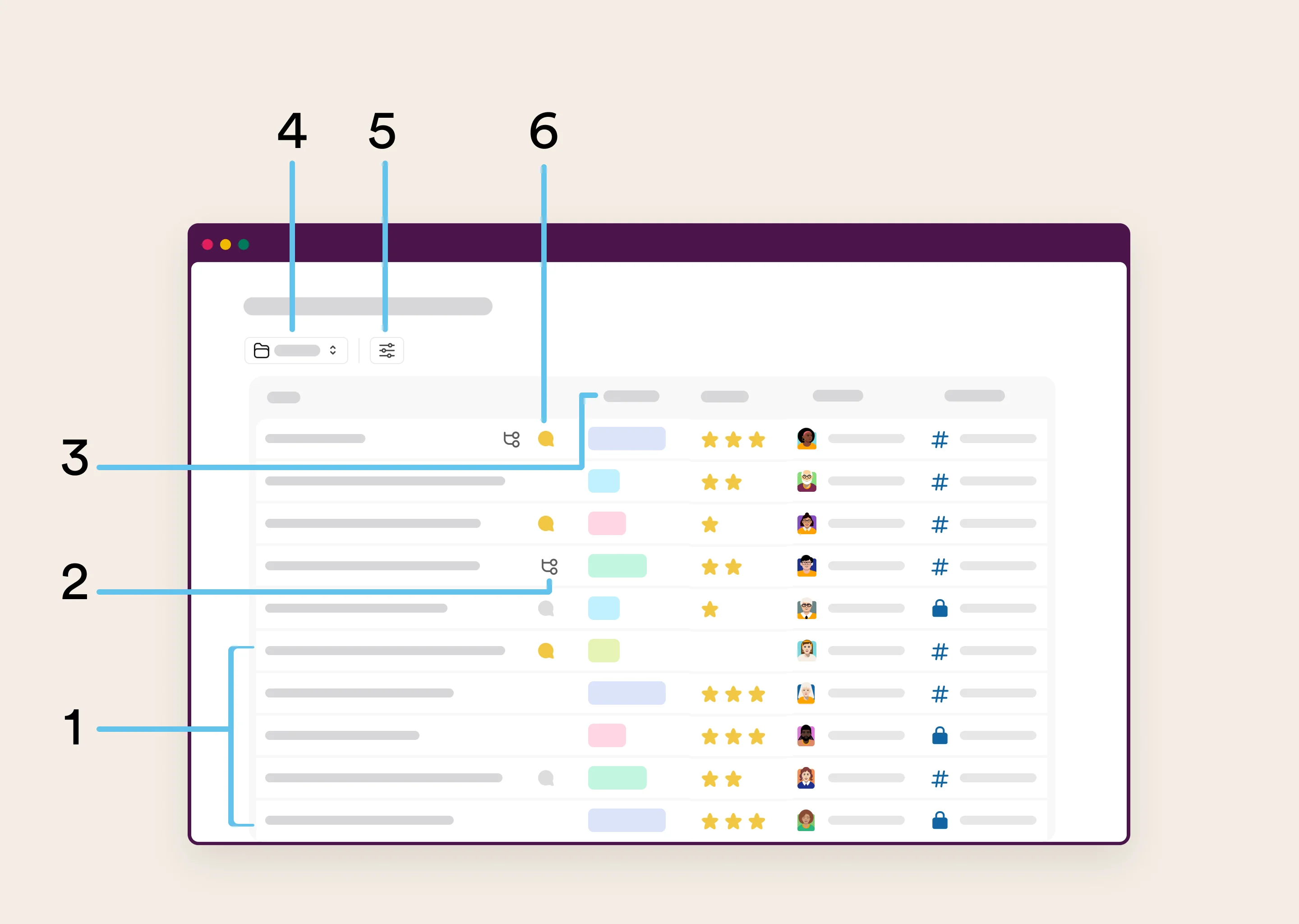 Slack's own anatomy of a list, showing items, subtasks, fields, views and filters, as taken from Slack