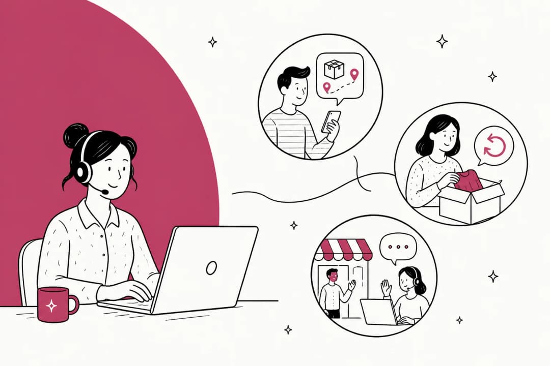 Illustration of a retail support queue handling order tracking and returns