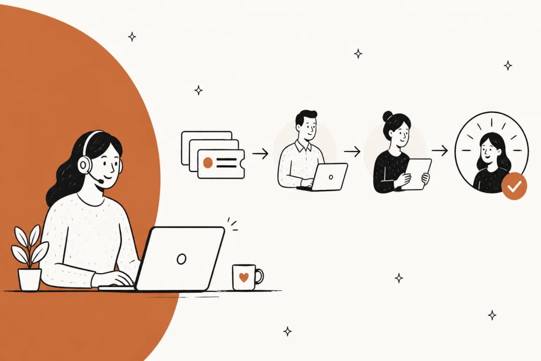 Illustration of a help desk support queue with tickets moving between support tiers