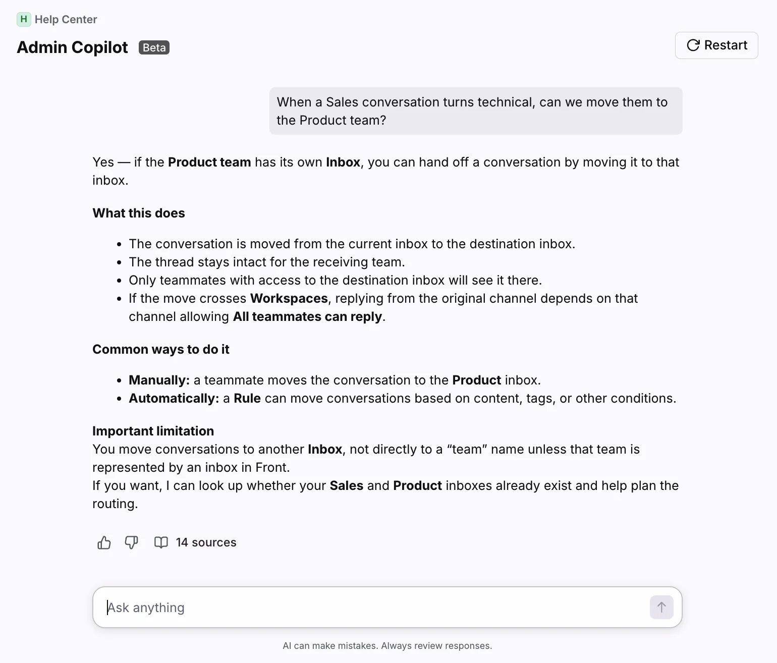 Front Admin Copilot answering an admin question about moving conversations between inboxes, with sources, as taken from Front