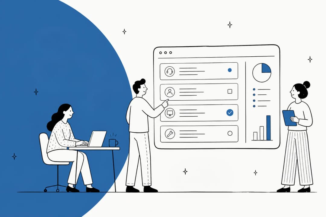 Illustration of an IT team reviewing a ticket queue and service desk dashboard