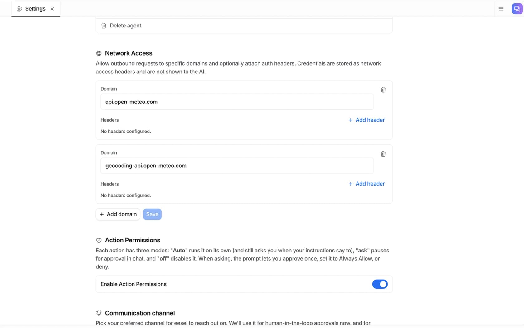 eesel agent settings showing Network Access with allowlisted domains and the note that credentials are stored as headers and never shown to the AI, above Action Permissions with Auto, ask and off modes, as taken from the eesel docs