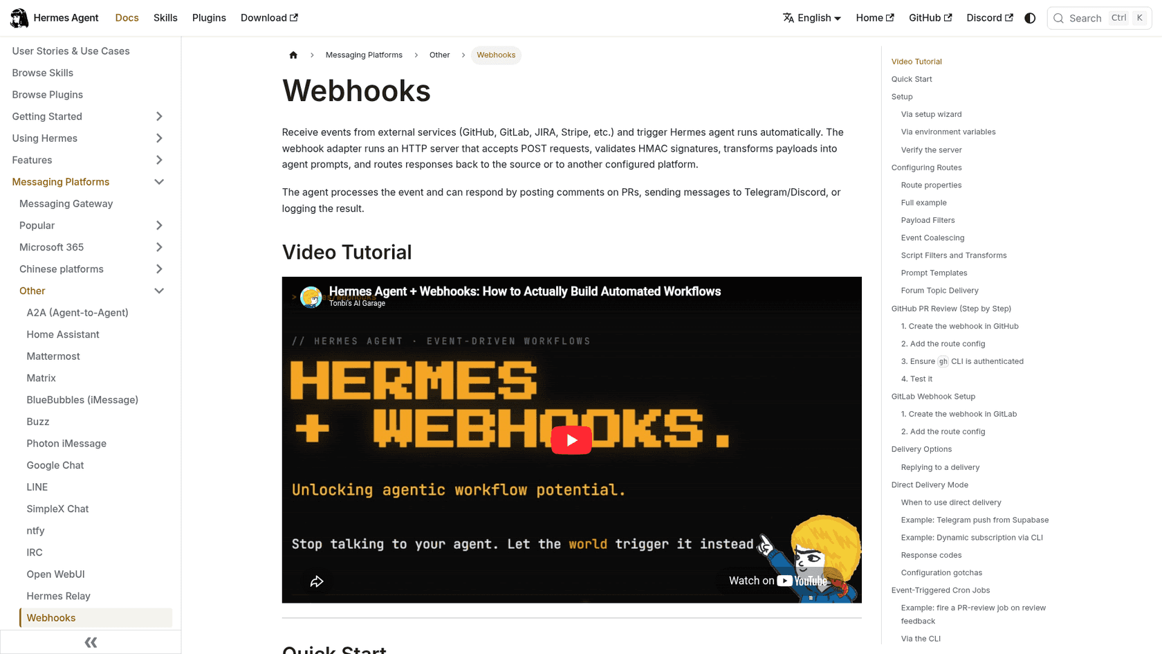 Hermes Agent's webhooks documentation page, which lists GitHub, GitLab, JIRA and Stripe as event sources, as taken from Hermes Agent docs