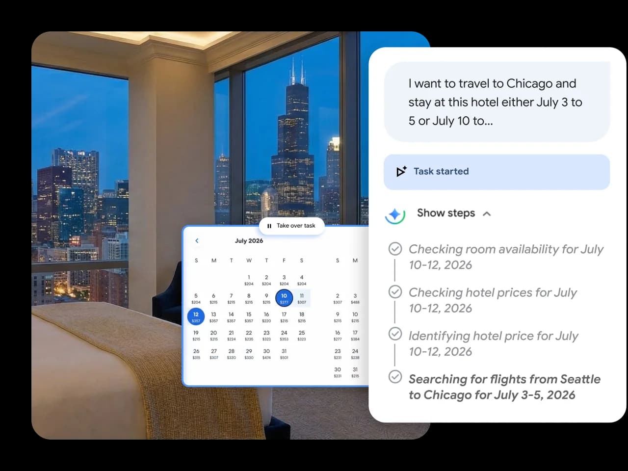Gemini's agentic browsing completing a hotel-and-flight booking task, showing its step-by-step progress, as taken from Google