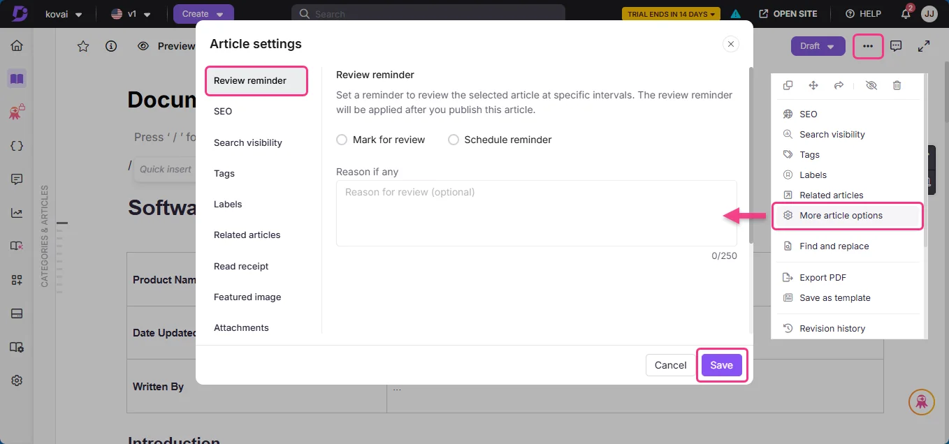Document360 article settings with the review reminder tab open, offering mark for review or schedule reminder, as taken from Document360