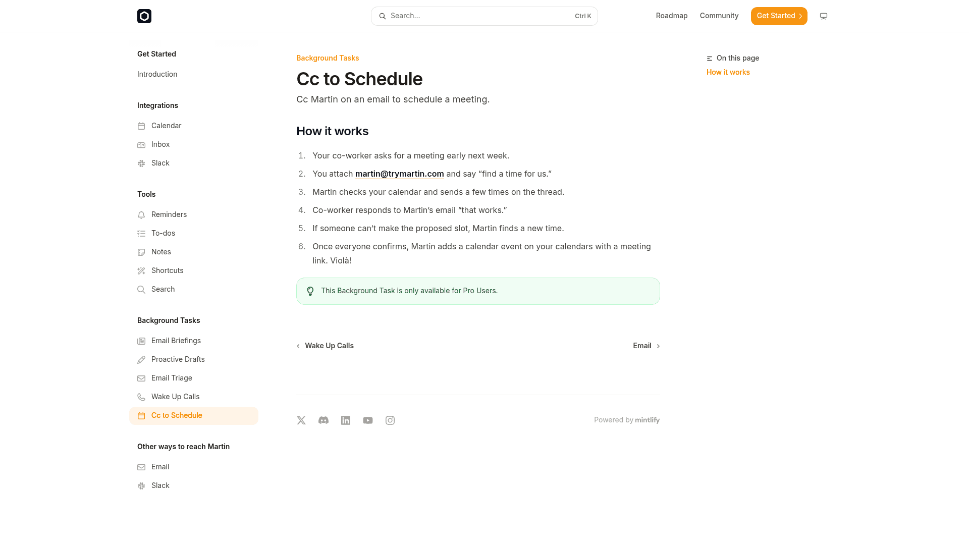 Martin's docs page for Cc to Schedule, showing six steps from a co-worker's request to a calendar event with a meeting link, as taken from docs.trymartin.com