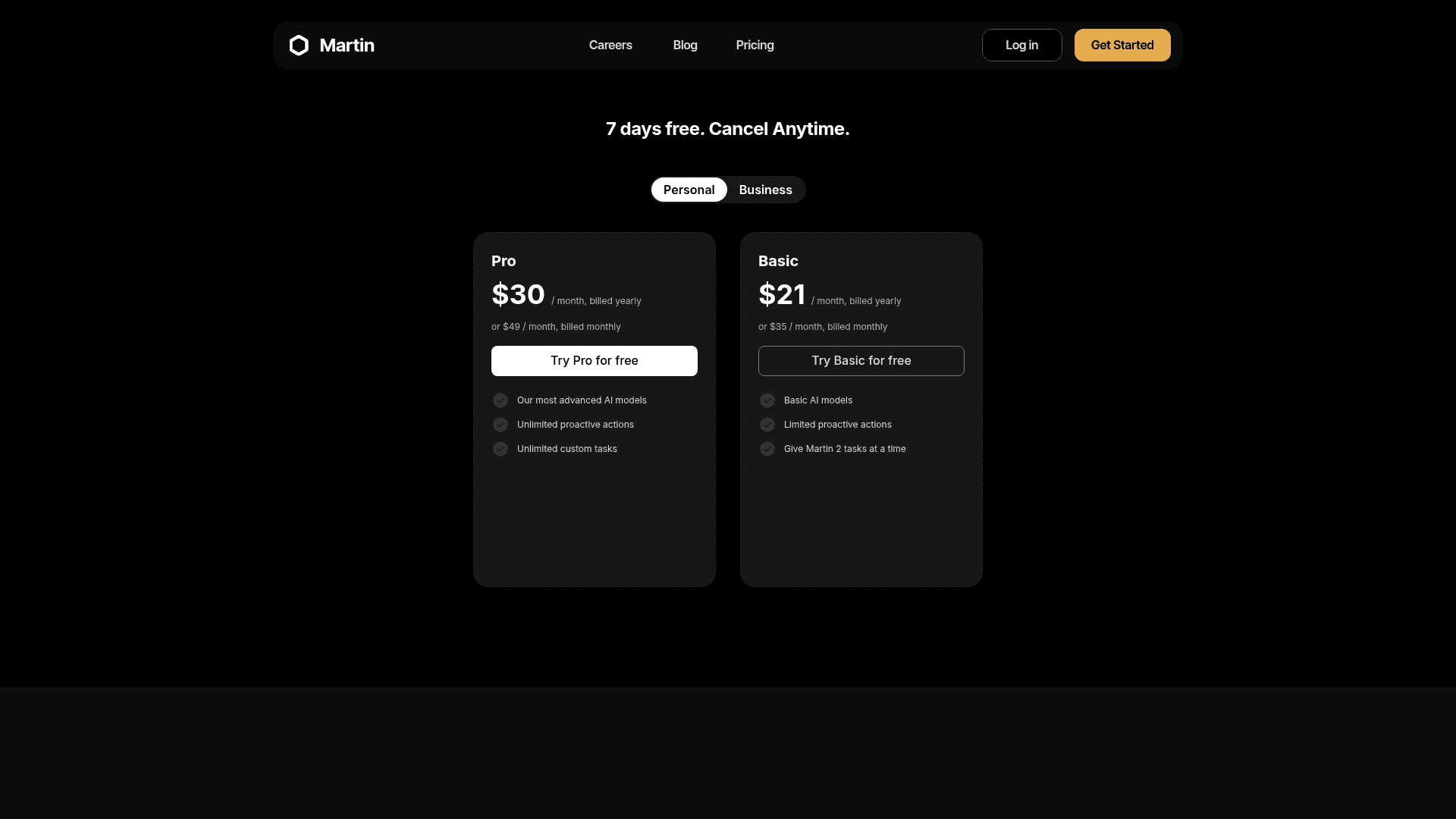 Martin's pricing page with a Personal and Business toggle, Pro at $30 a month billed yearly and Basic at $21 a month billed yearly, as taken from trymartin.com/pricing