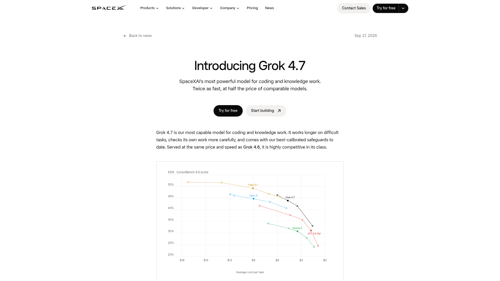 xAI's Grok 4.7 launch page with the price-performance chart, as taken from xAI