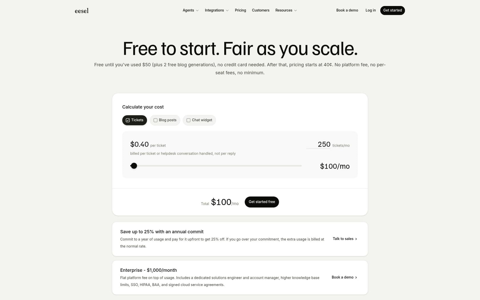 The eesel AI pricing page, showing fixed monthly credit plans with no platform or per-seat fees