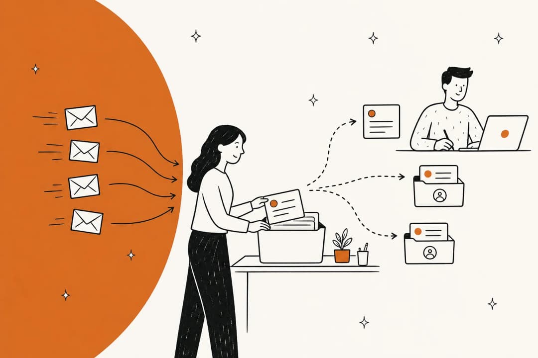 Illustration of a support inbox where incoming email tickets are sorted, drafted, and routed automatically