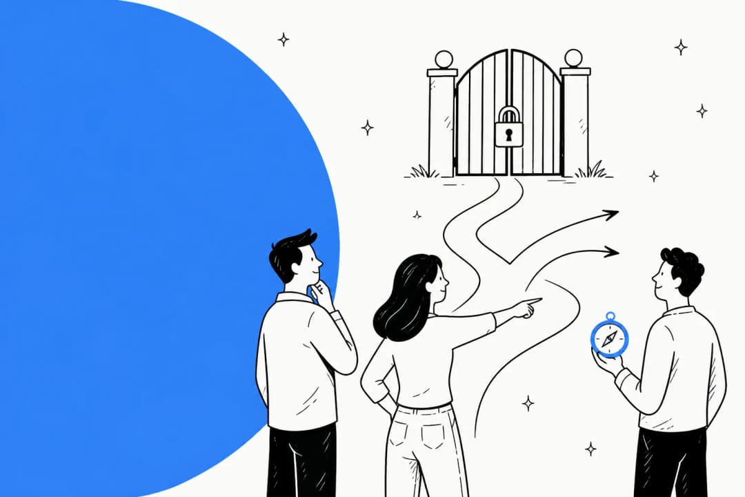 Hand-drawn illustration of three people at a locked gate choosing between winding paths with a compass, for a guide to Gemini 4 Argon alternatives