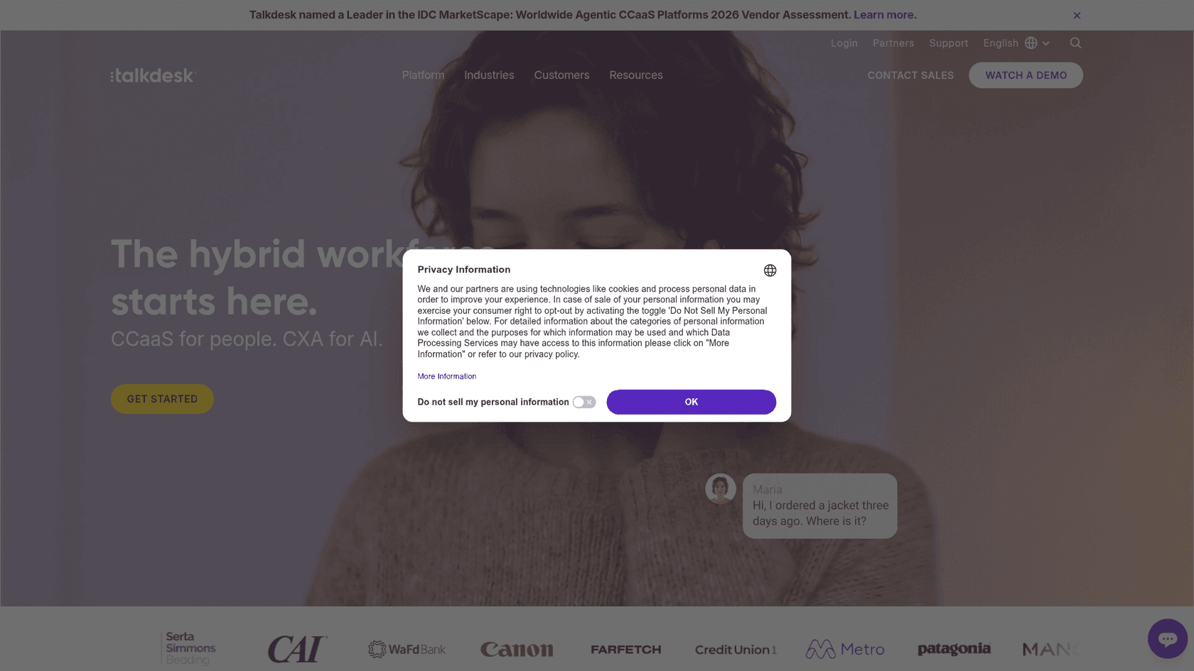 Talkdesk homepage positioning CCaaS for people and CXA for AI, as taken from Talkdesk