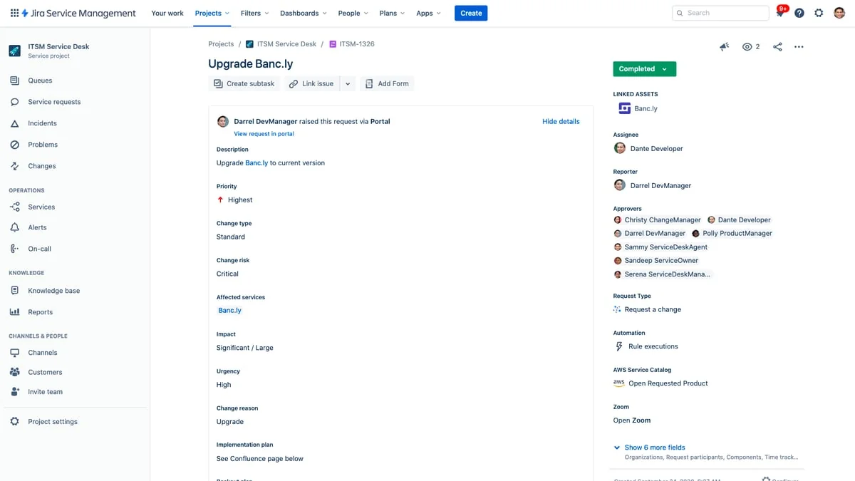 Jira Service Management agent view of a change request, showing request type, approvers, affected services and linked assets, as taken from Jira Service Management on G2
