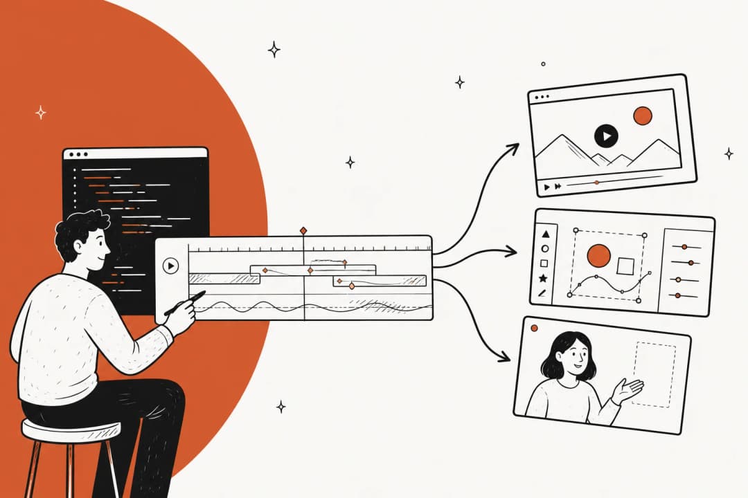 Hand-drawn illustration of a person editing an animation timeline next to a code panel, with arrows fanning out to a video clip, a motion design canvas and an avatar presenter