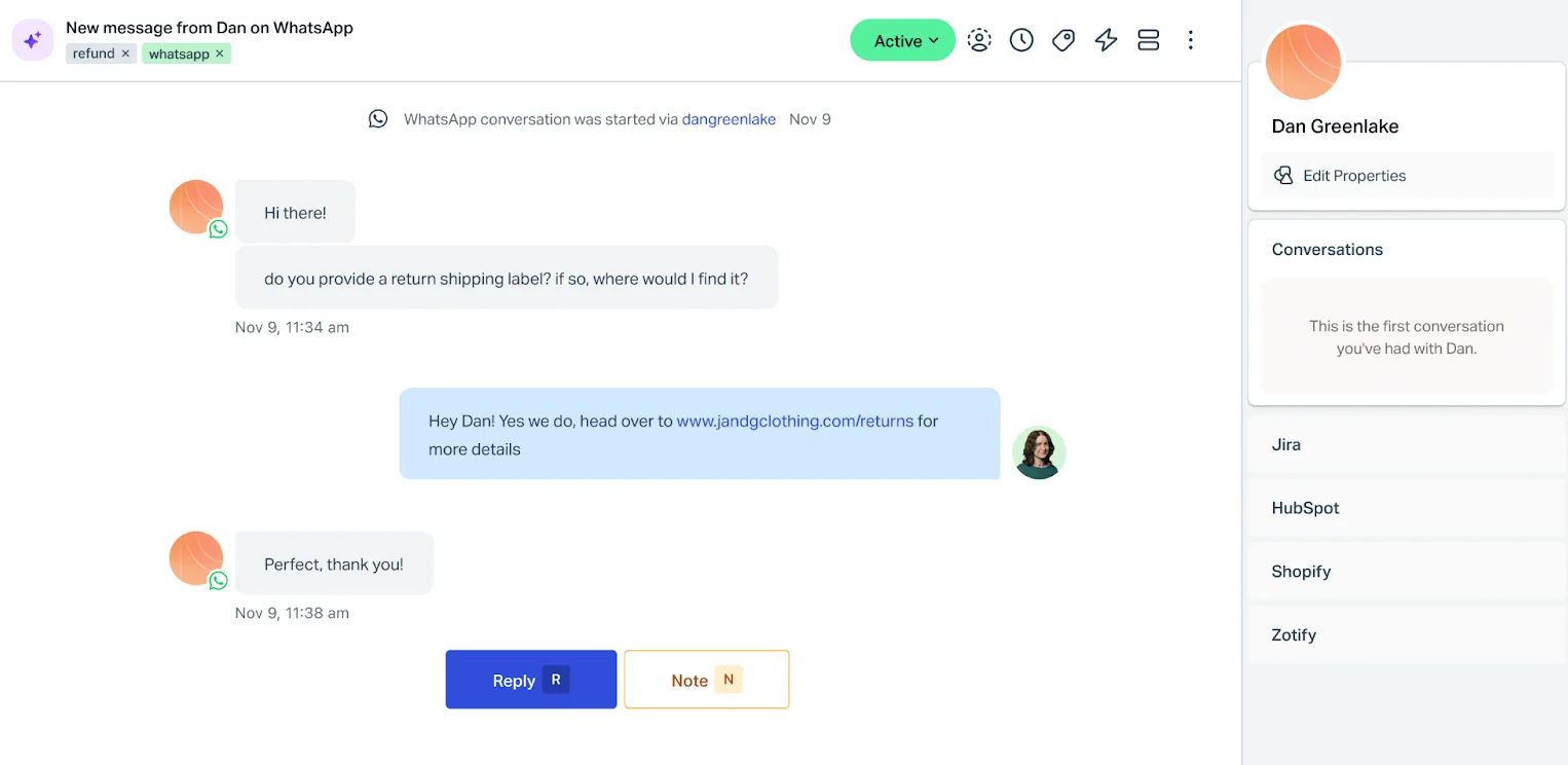 A WhatsApp conversation in a Help Scout inbox tagged whatsapp and refund, with a customer asking about a return shipping label and an agent replying with a returns link, as taken from Help Scout's WhatsApp article