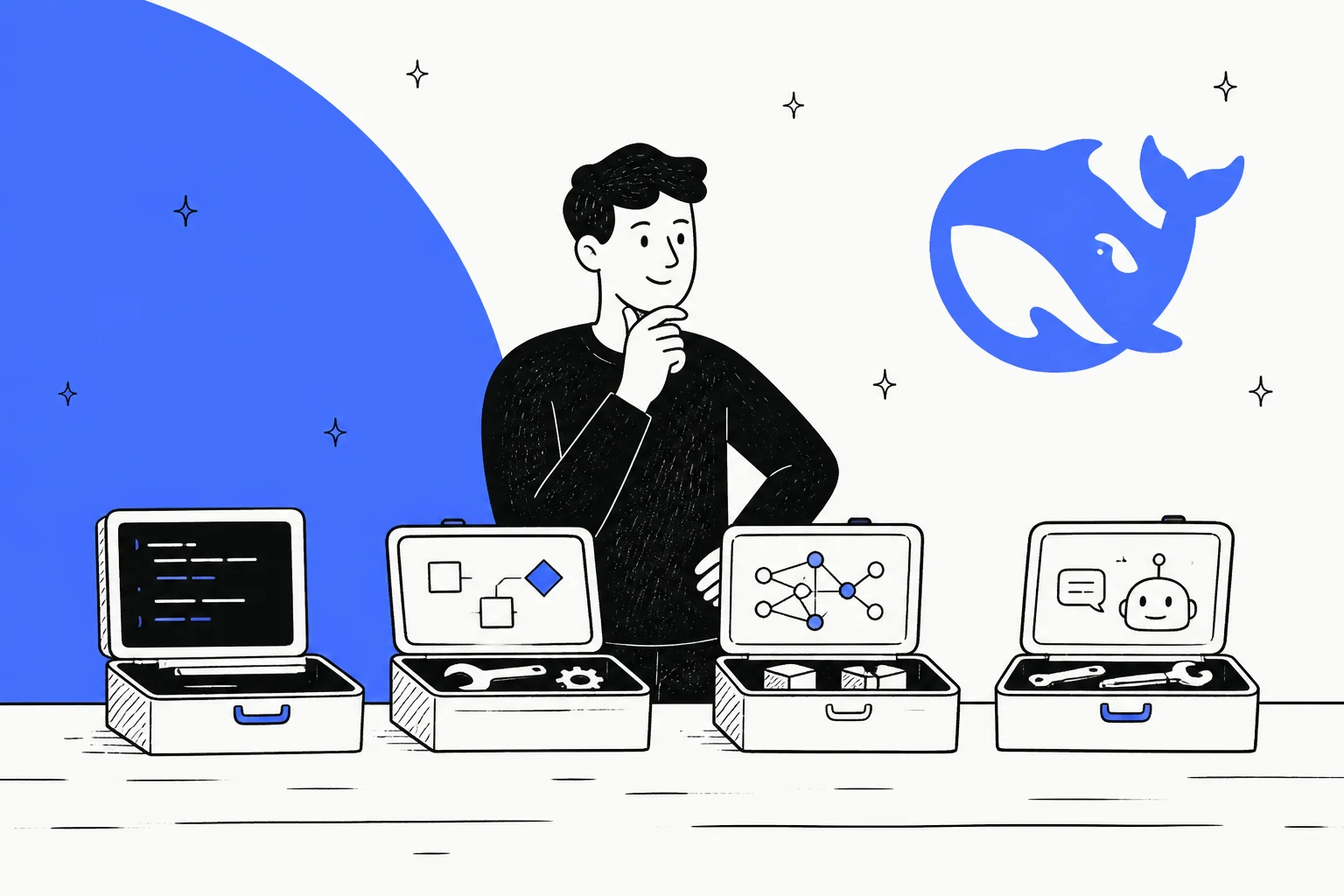 Hand-drawn banner of a developer weighing four open toolboxes of coding agent tools on a workbench, with the DeepSeek whale logo in the corner