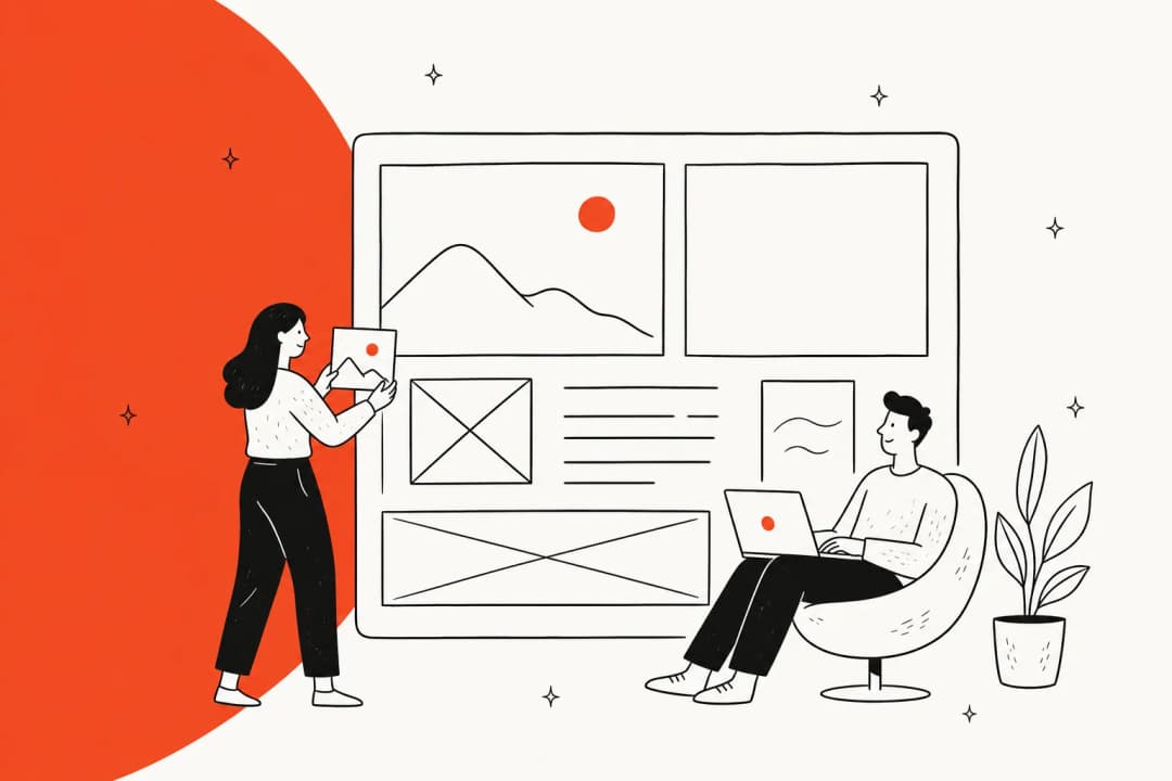 Editorial illustration reviewing Reve 2.1, the layout-first 4K AI image generation model, in coral orange
