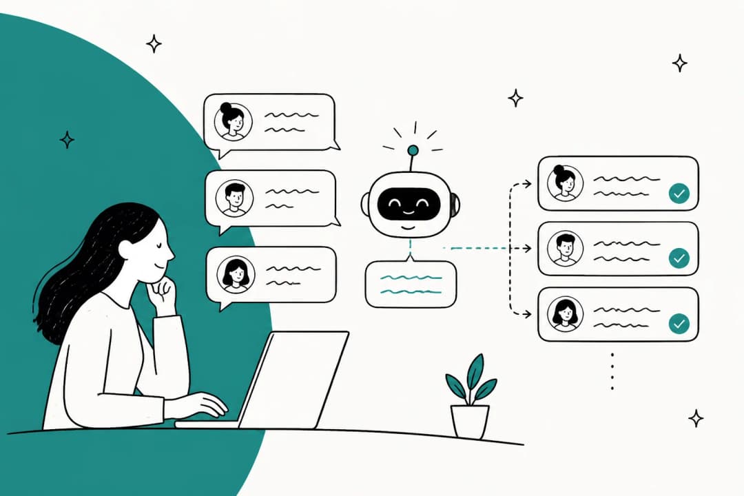 Illustration of customer service chat bubbles feeding an automated reply queue