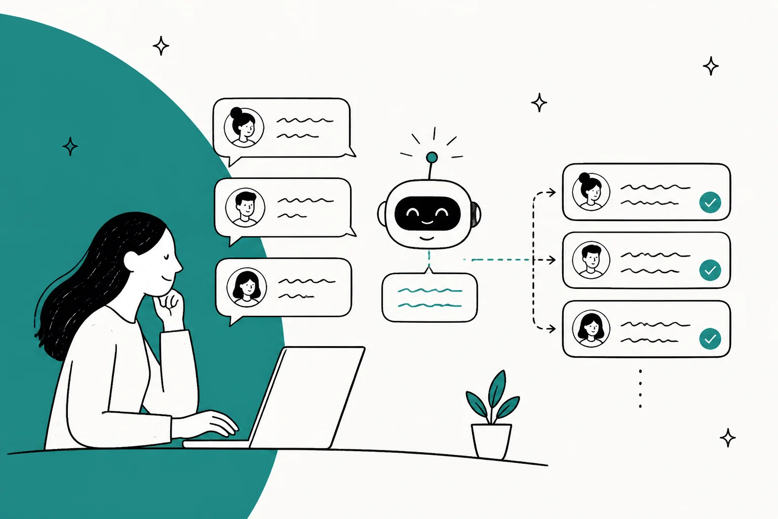 Illustration of customer service chat bubbles feeding an automated reply queue