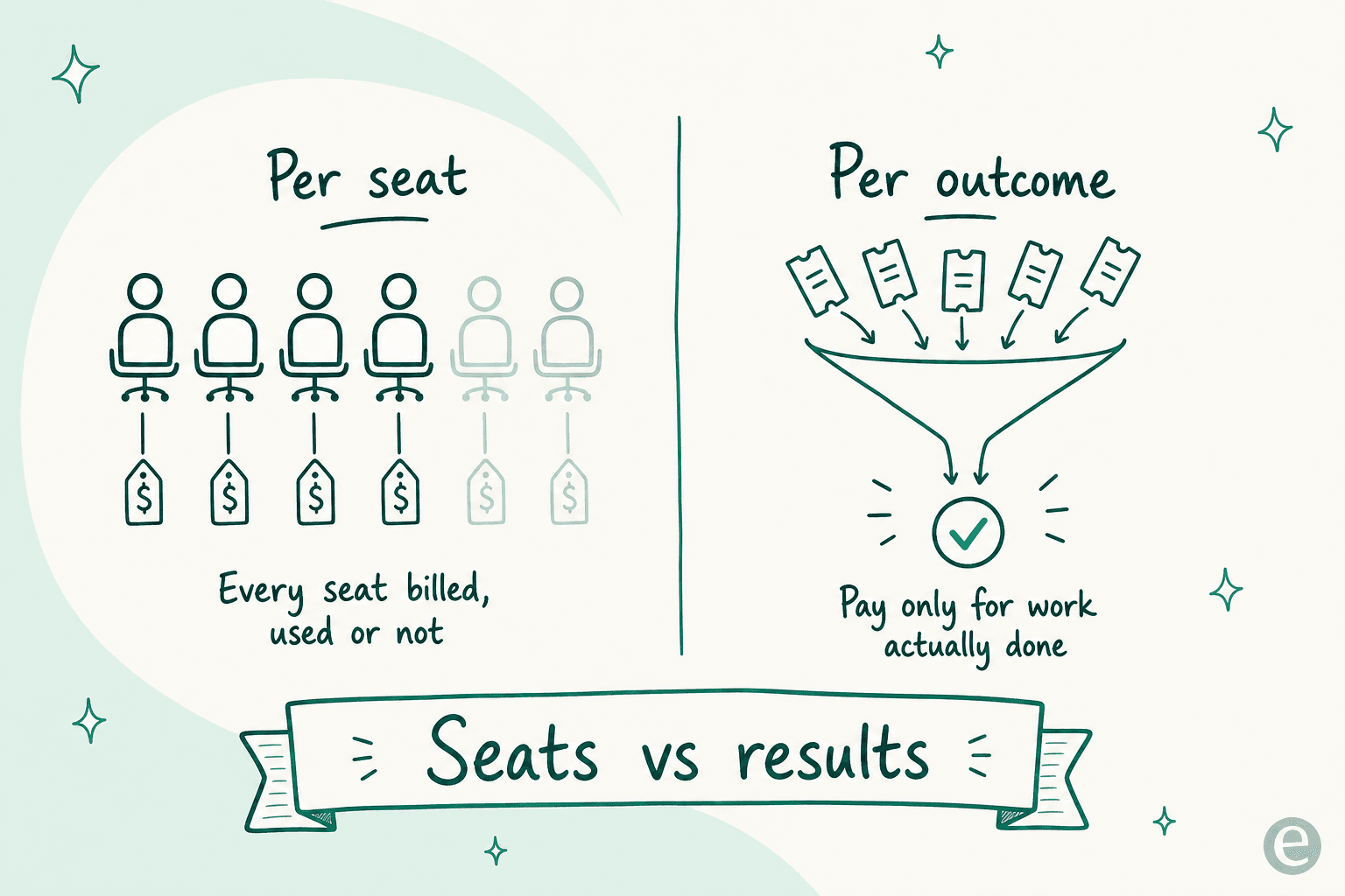 Two-panel comparison: "Per seat" shows six billed seats including idle ones, "Per outcome" shows tickets funneling into a single resolved check, with the banner "Seats vs results"