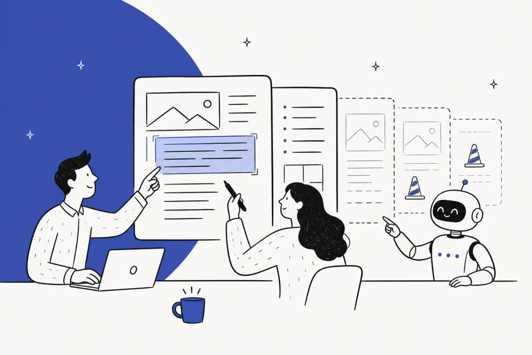 Hand-drawn illustration of two teammates and a friendly robot editing a shared document page together, with a row of dashed pages marked by traffic cones behind them